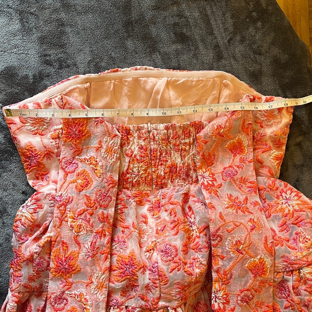 Anthropologie Strapless Mini Dress. Back bow, stretchy back. Orange, pink. L - Picture 15 of 16